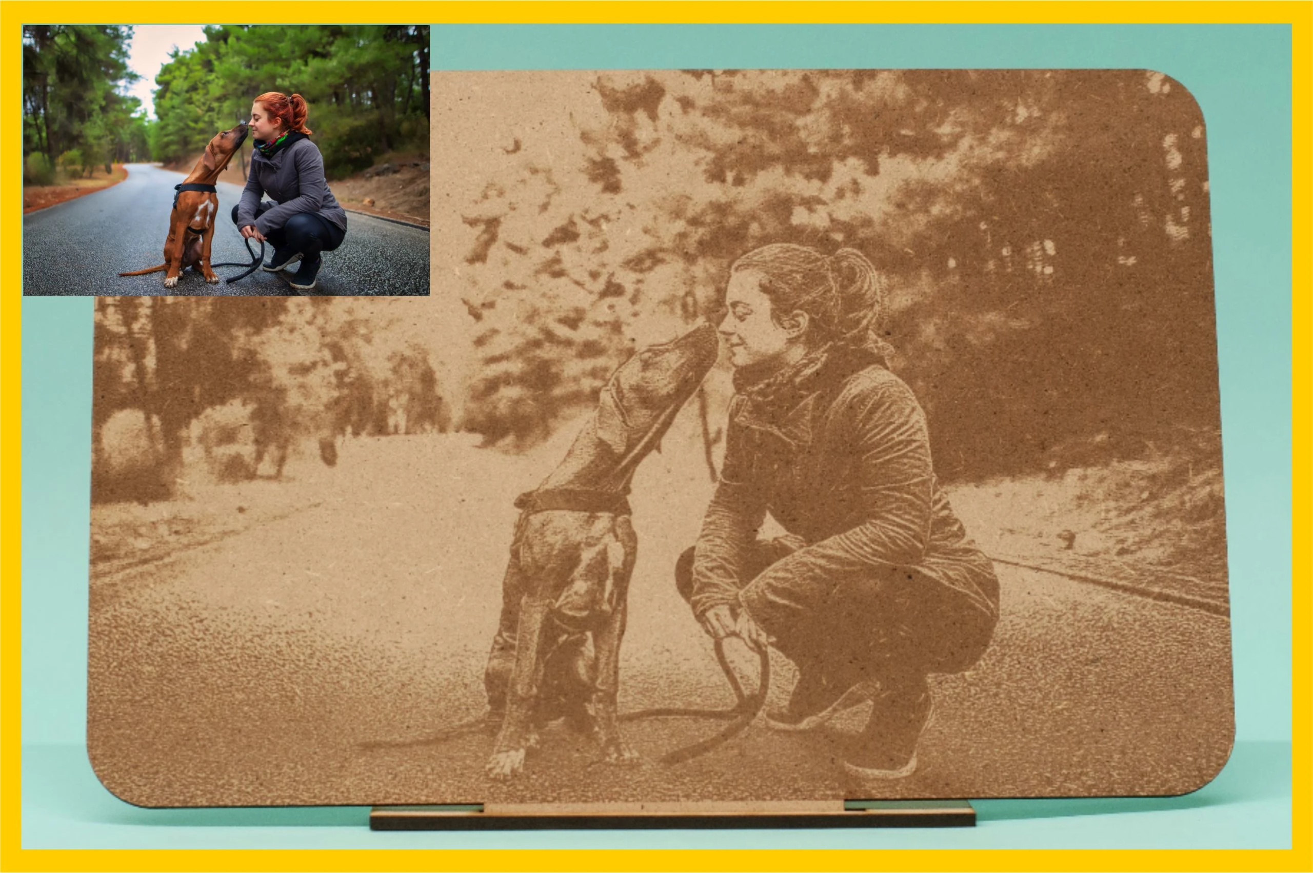 Imagen de grabado láser en madera de adolescente con perro rhodesian ridgeback y de foto original